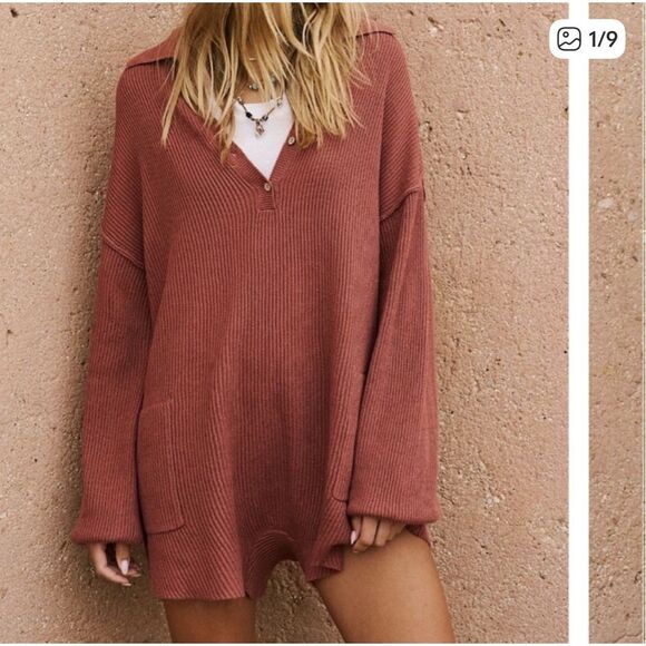 Talulah sweater Romper Playsuit Large Brown Ribbed Knit One Piece Long Sleeve - Picture 5 of 16